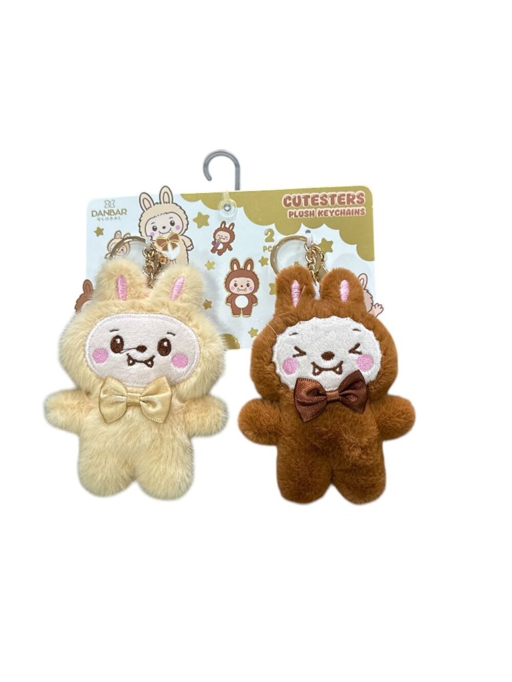 Cutesters Plush Bunny Keychains 2-Pack - Beige & Brown With Gold Bows Soft & Ado
